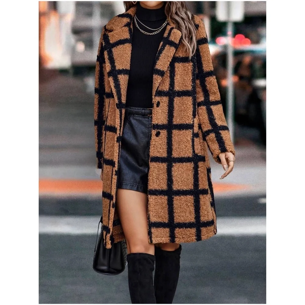 #17 Cozy Plaid Button Long Teddy Oversized Jacket Coat - Picture 4 of 7